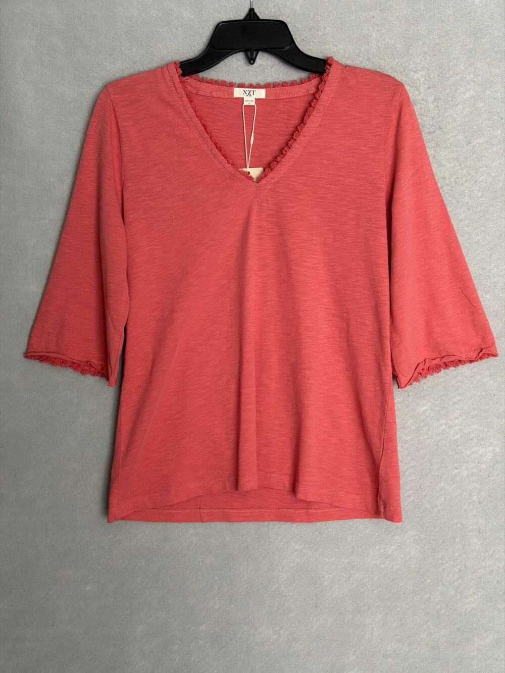 Nic & Zoe NZT V-Neck T-Shirt 1/2 Sleeve Fringe Detail in Coral Women's Small NEW